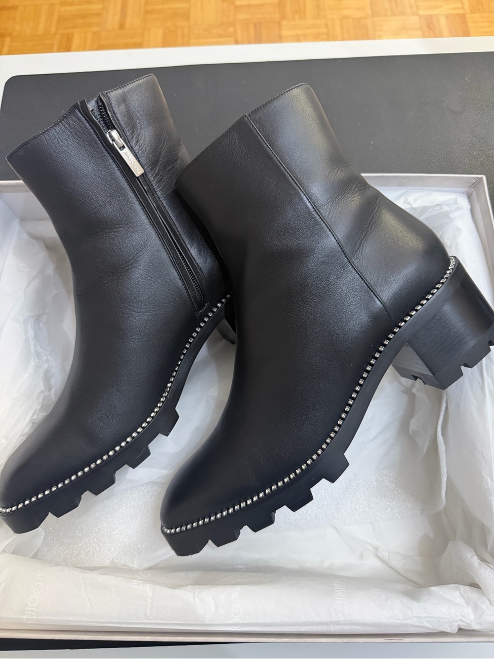 Jimmy Choo Black Mava 35 Lug Crystal Leather Ankle Boots